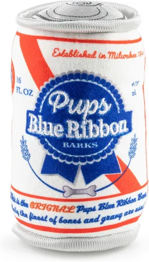 Haute Diggity Dog Pups Blue Ribbon Beer Can, Plush Designer Dog Toys with Interactive Squeaker, Stimulating Pet Enrichment, Machine-Washable & Safe Materials for All Breeds, One Size