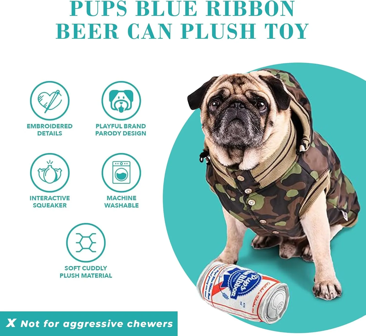 Haute Diggity Dog Pups Blue Ribbon Beer Can, Plush Designer Dog Toys with Interactive Squeaker, Stimulating Pet Enrichment, Machine-Washable & Safe Materials for All Breeds, One Size