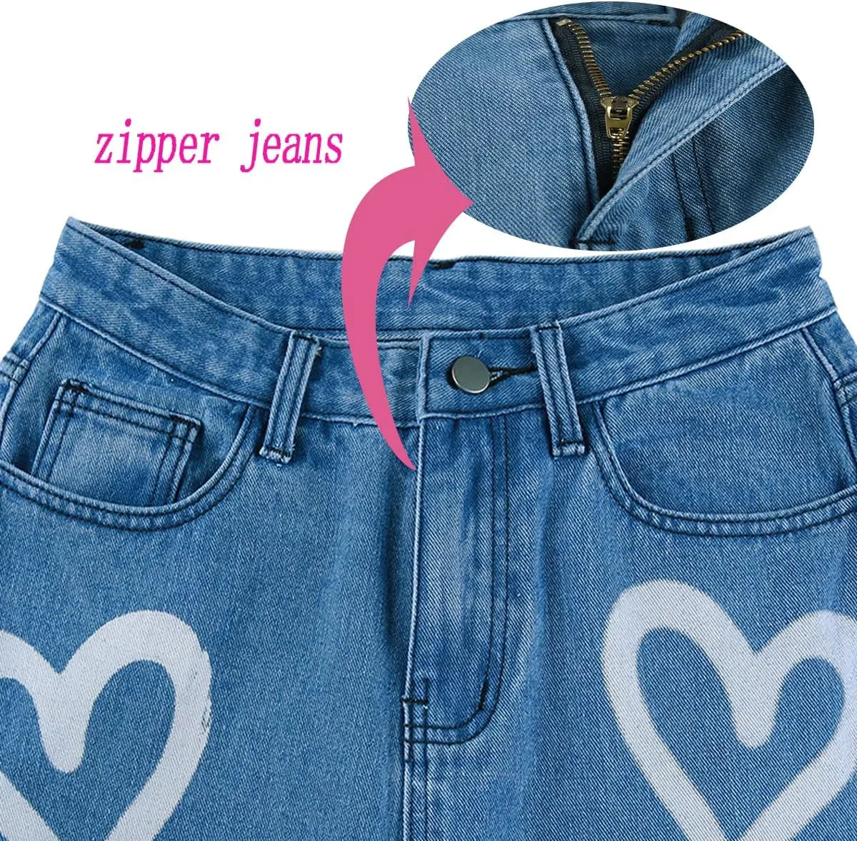 Heart Print Jeans for Women Fashion Wide Leg High Waist Denim Pants Boyfriend Jeans Loose Fit Vintage Jeans for Teen Girls