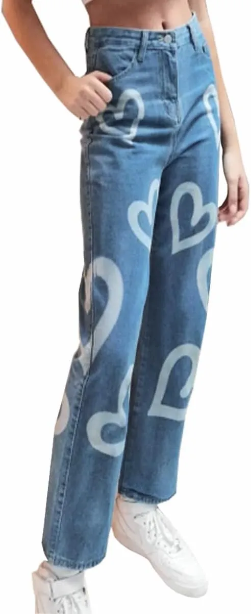Heart Print Jeans for Women Fashion Wide Leg High Waist Denim Pants Boyfriend Jeans Loose Fit Vintage Jeans for Teen Girls