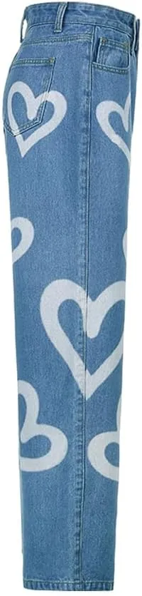 Heart Print Jeans for Women Fashion Wide Leg High Waist Denim Pants Boyfriend Jeans Loose Fit Vintage Jeans for Teen Girls