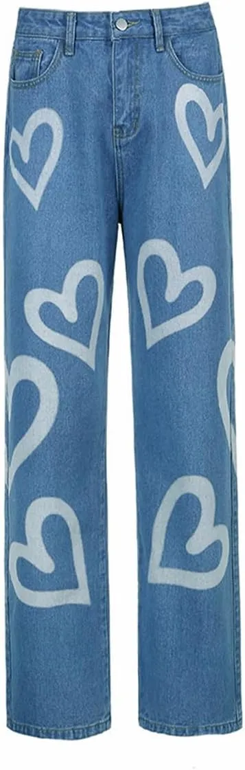 Heart Print Jeans for Women Fashion Wide Leg High Waist Denim Pants Boyfriend Jeans Loose Fit Vintage Jeans for Teen Girls