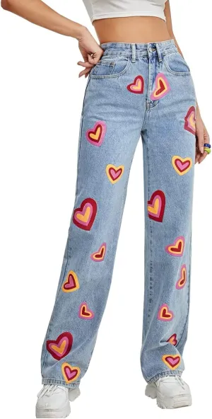 Heart Print Jeans for Women Fashion Wide Leg High Waist Denim Pants Boyfriend Jeans Loose Fit Vintage Jeans for Teen Girls
