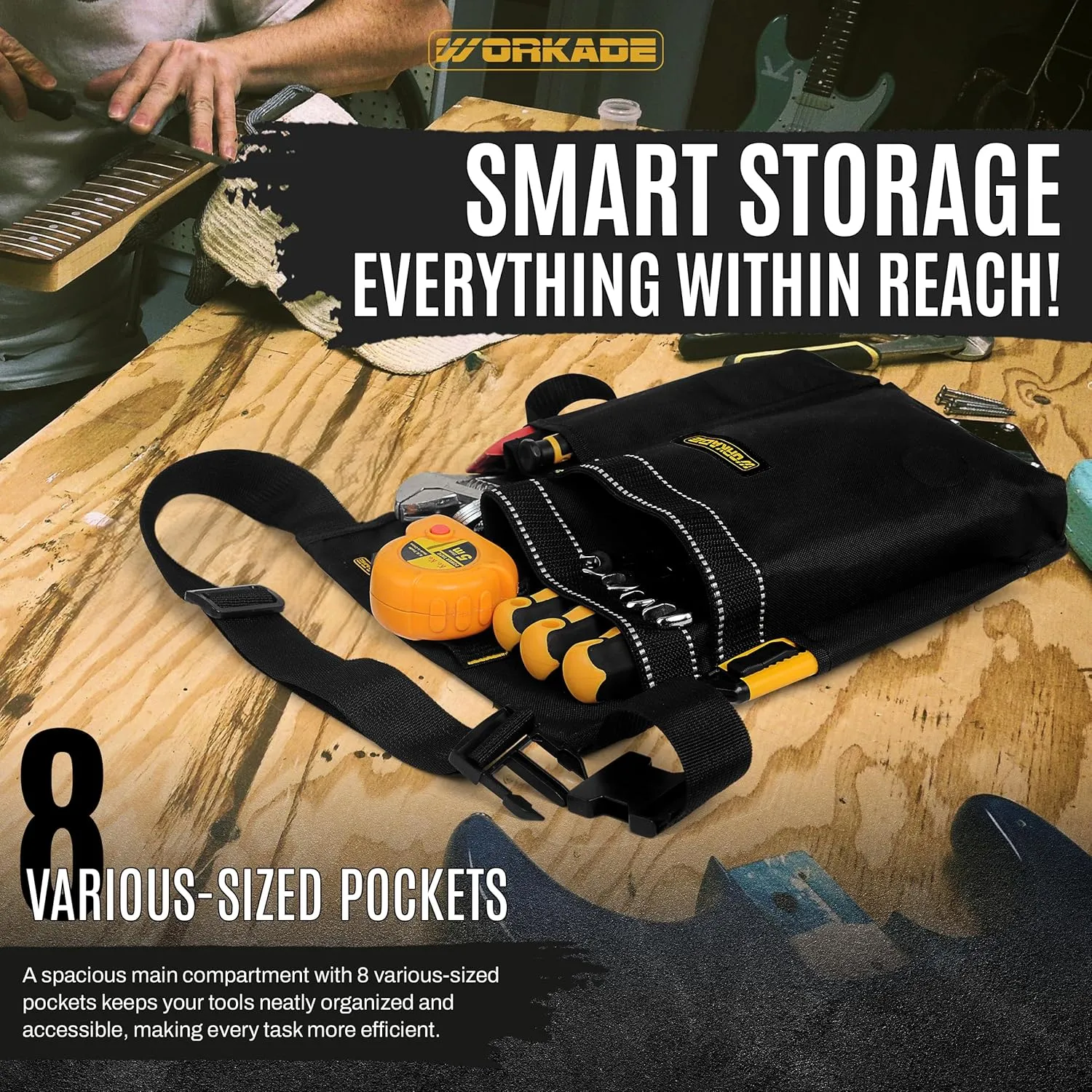 Heavy Duty 8-Pockets Single Side Tool Belt for Men & Women – Black Double-Layered Cordura Tool Bags/Pouches, Adjustable Quick-Release Buckle Tool Belt for Electrician, Carpenter, Plumber.