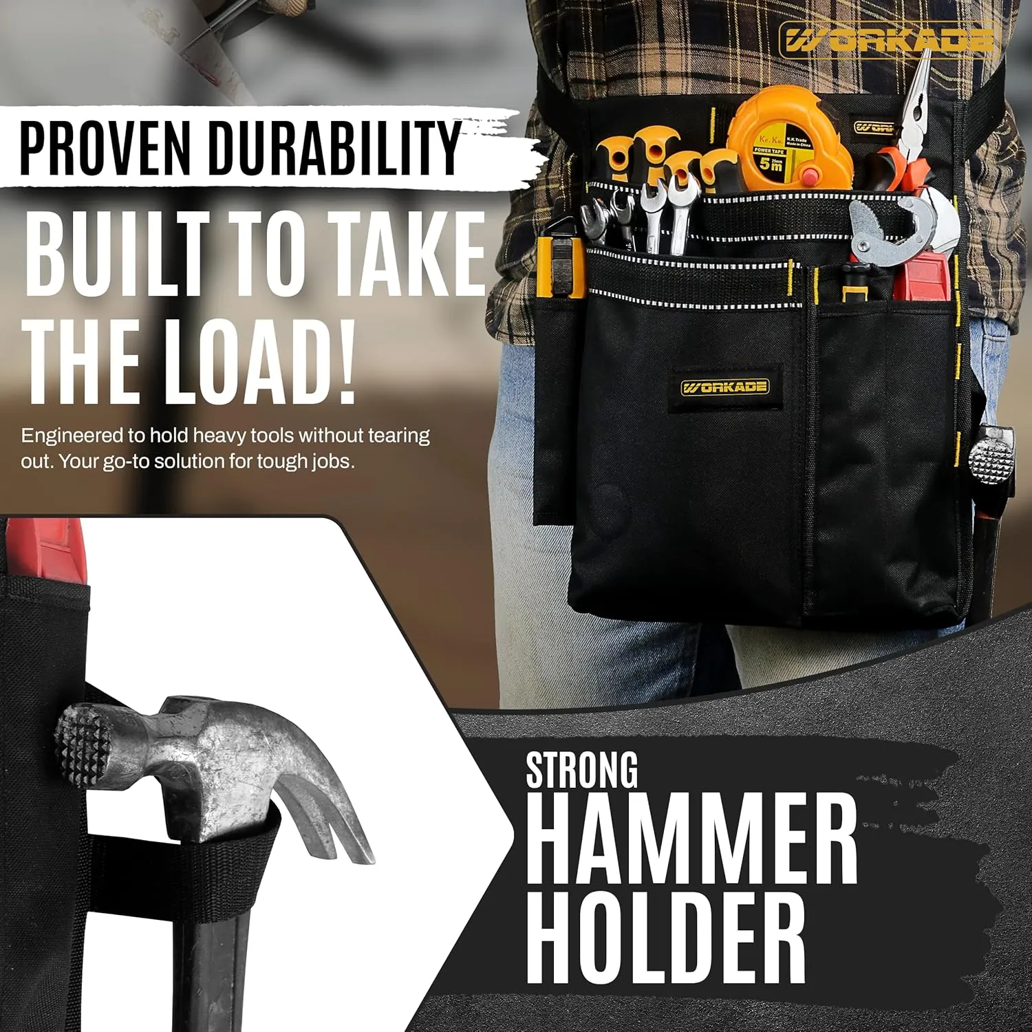 Heavy Duty 8-Pockets Single Side Tool Belt for Men & Women – Black Double-Layered Cordura Tool Bags/Pouches, Adjustable Quick-Release Buckle Tool Belt for Electrician, Carpenter, Plumber.