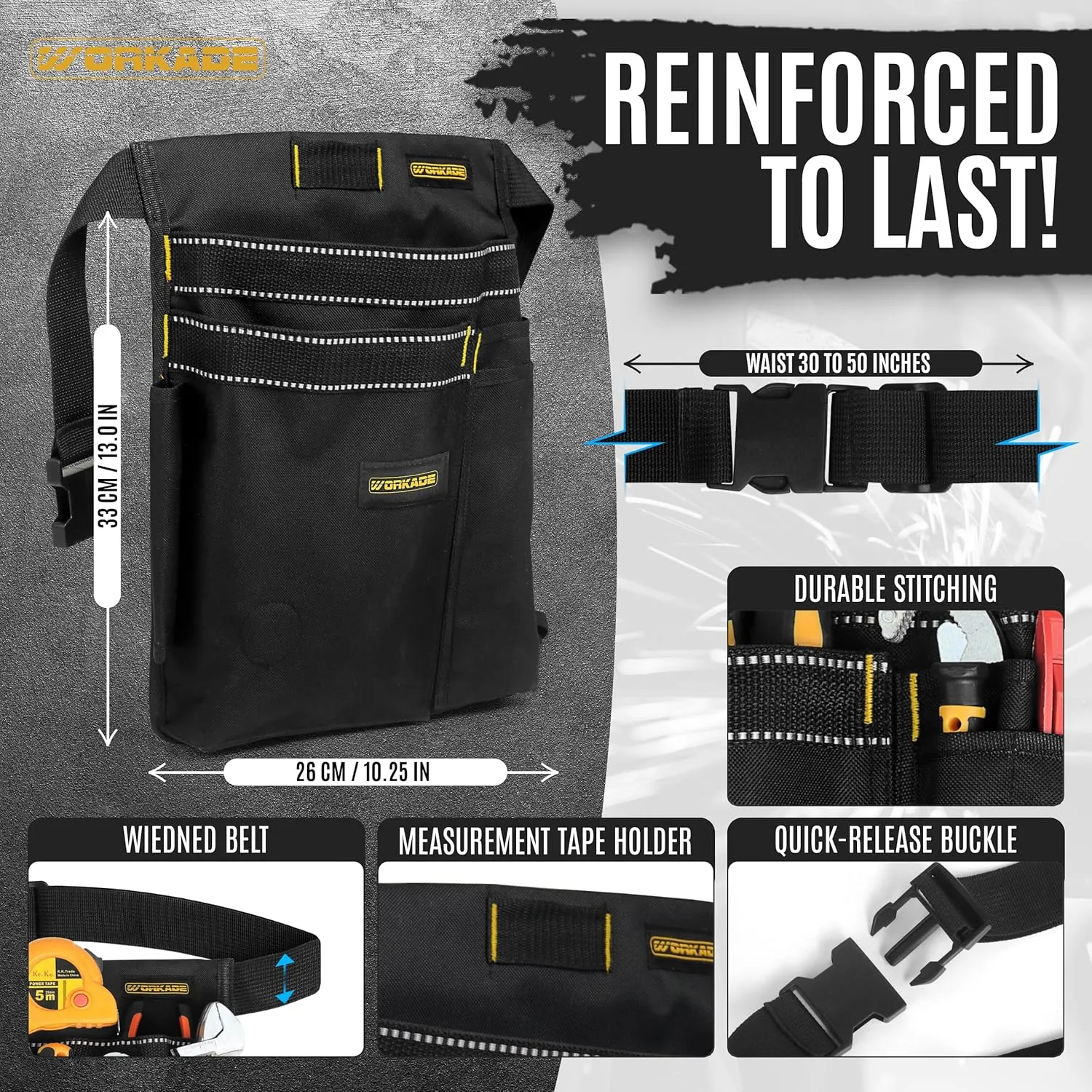 Heavy Duty 8-Pockets Single Side Tool Belt for Men & Women – Black Double-Layered Cordura Tool Bags/Pouches, Adjustable Quick-Release Buckle Tool Belt for Electrician, Carpenter, Plumber.