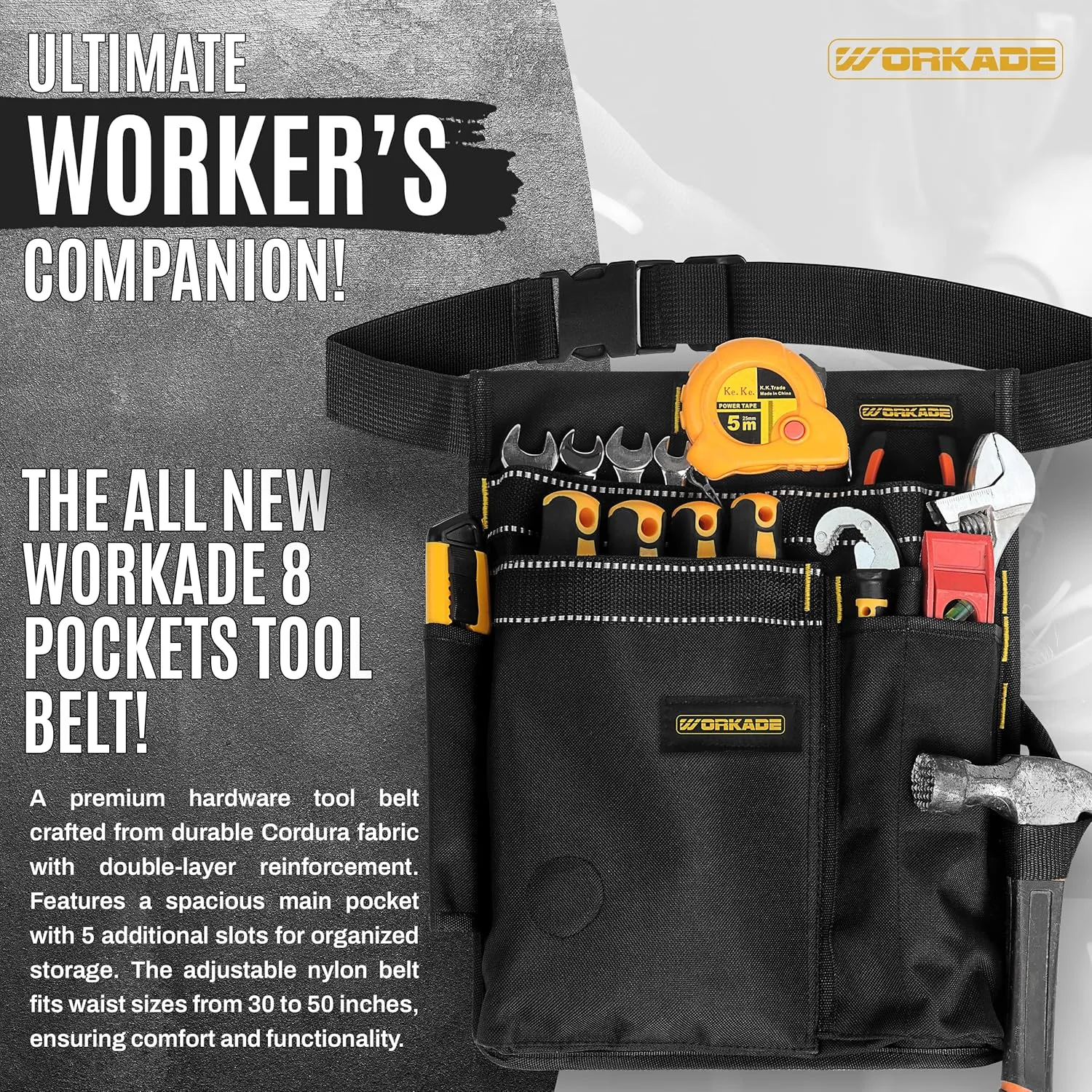 Heavy Duty 8-Pockets Single Side Tool Belt for Men & Women – Black Double-Layered Cordura Tool Bags/Pouches, Adjustable Quick-Release Buckle Tool Belt for Electrician, Carpenter, Plumber.