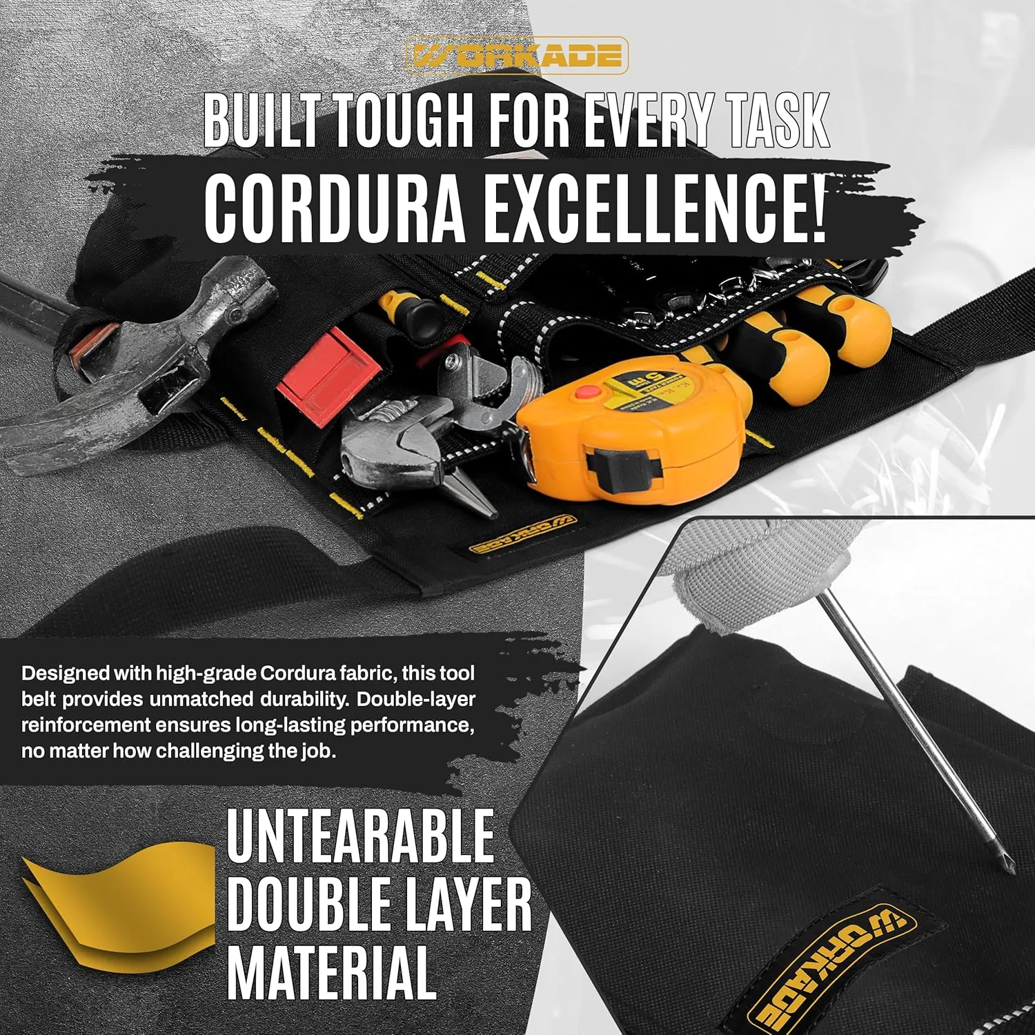 Heavy Duty 8-Pockets Single Side Tool Belt for Men & Women – Black Double-Layered Cordura Tool Bags/Pouches, Adjustable Quick-Release Buckle Tool Belt for Electrician, Carpenter, Plumber.