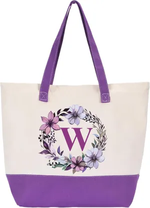 HIFA Canvas Tote Bag for Women, Monogrammed Tote Bags with Top Zipper Closure and Inner Pocket, Stylish Purple Initial Totes