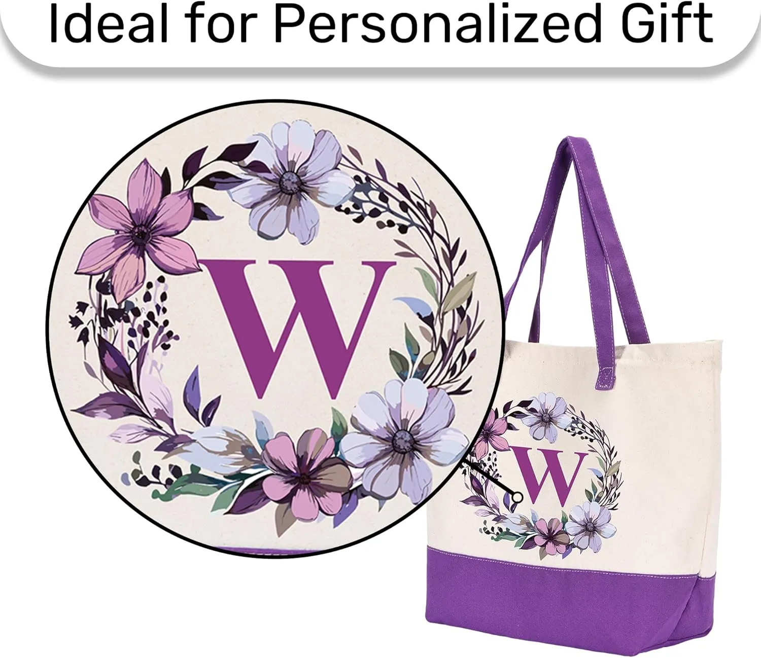 HIFA Canvas Tote Bag for Women, Monogrammed Tote Bags with Top Zipper Closure and Inner Pocket, Stylish Purple Initial Totes