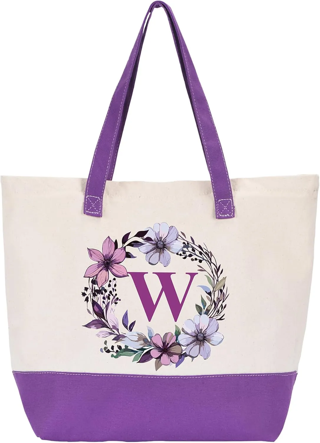 HIFA Canvas Tote Bag for Women, Monogrammed Tote Bags with Top Zipper Closure and Inner Pocket, Stylish Purple Initial Totes