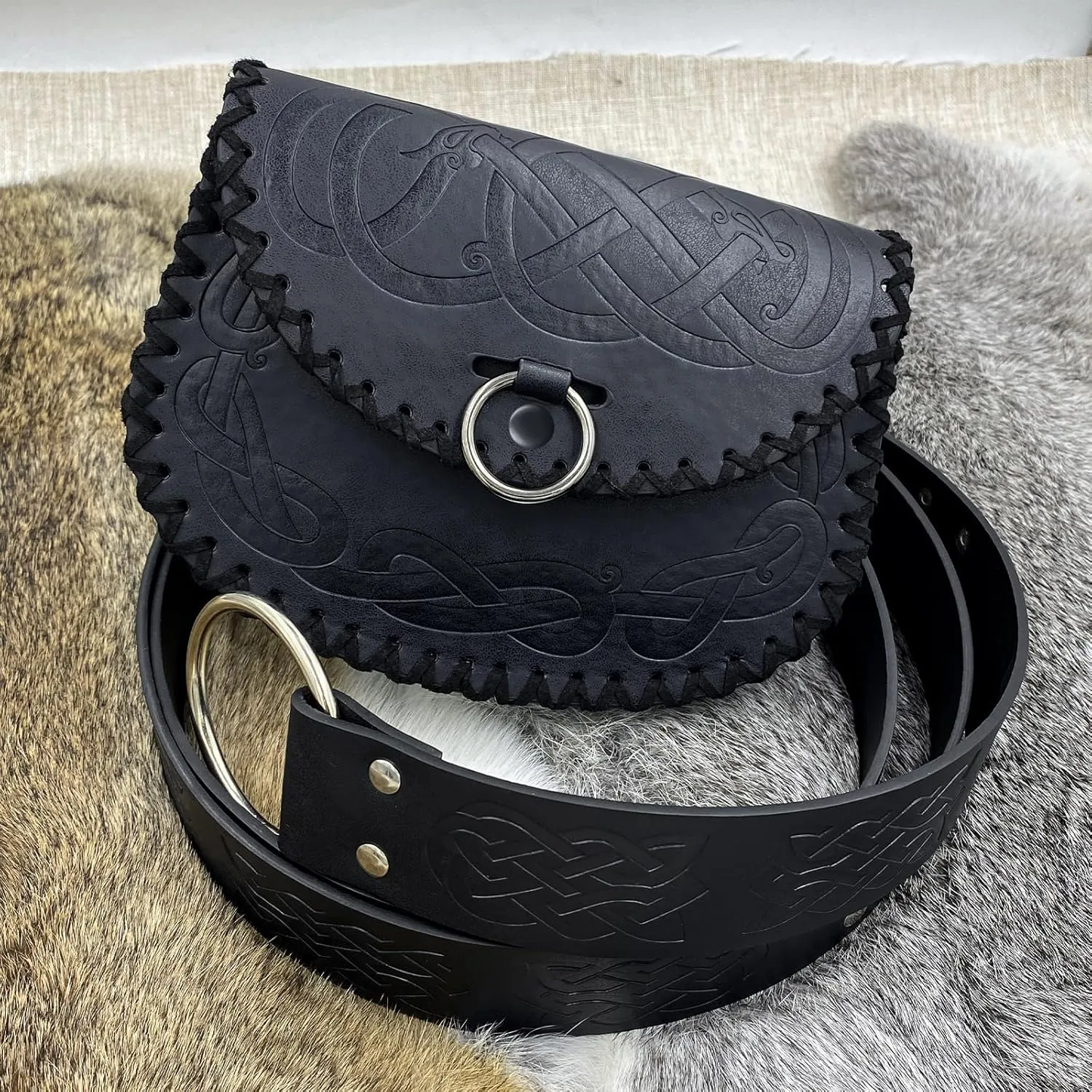 HiiFeuer Medieval Embossed O Ring Belt with Nordic Embossed Belt Bag, Vintage Faux Leather Belt and Belt Pouch Set for LARP