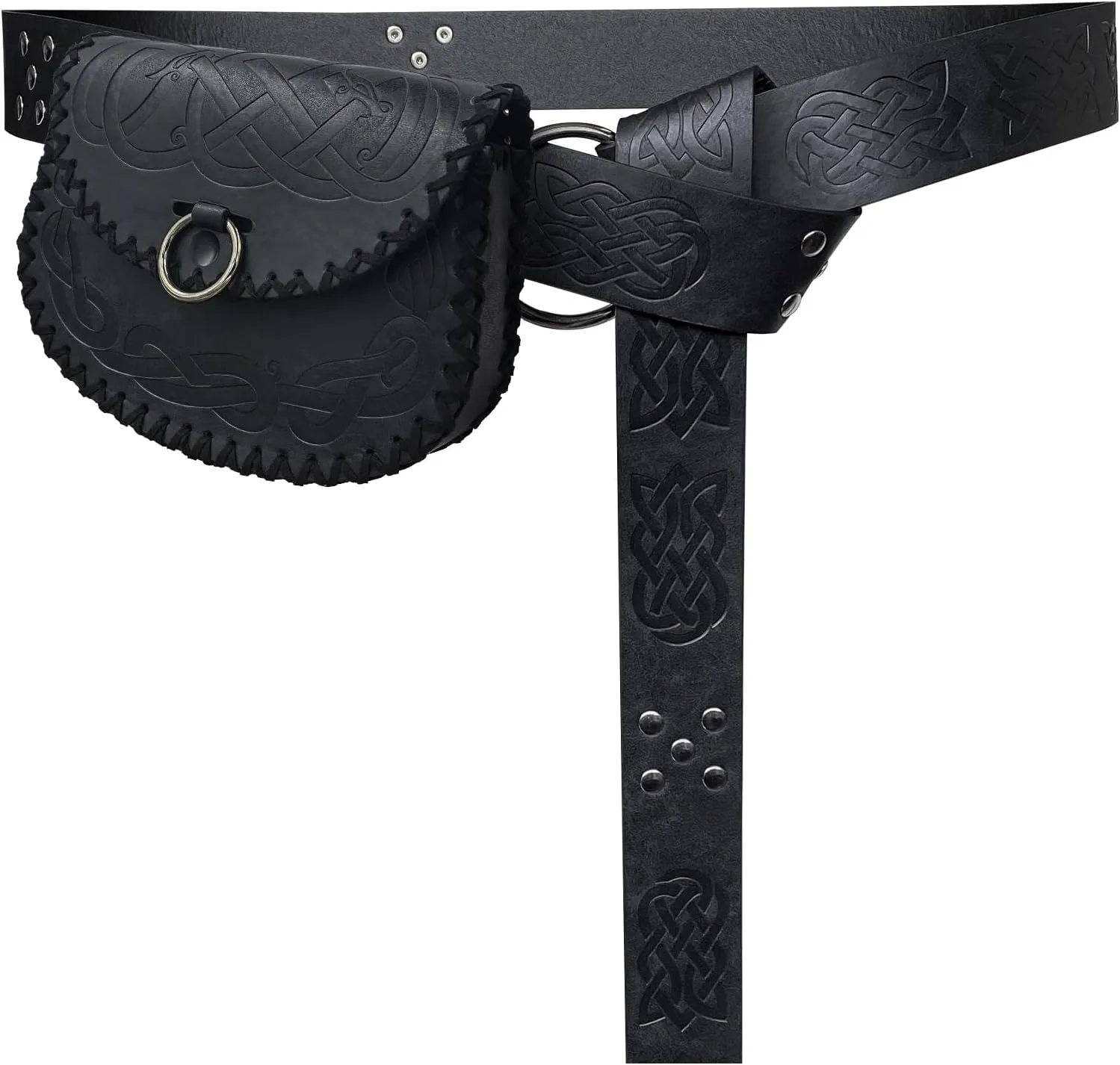 HiiFeuer Medieval Embossed O Ring Belt with Nordic Embossed Belt Bag, Vintage Faux Leather Belt and Belt Pouch Set for LARP