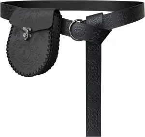 HiiFeuer Medieval Embossed O Ring Belt with Nordic Embossed Belt Bag, Vintage Faux Leather Belt and Belt Pouch Set for LARP