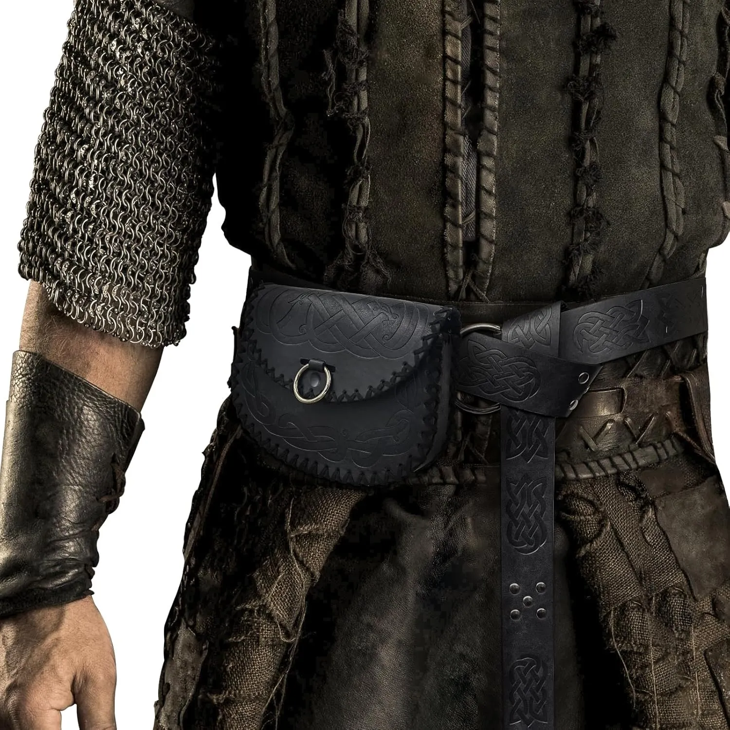 HiiFeuer Medieval Embossed O Ring Belt with Nordic Embossed Belt Bag, Vintage Faux Leather Belt and Belt Pouch Set for LARP