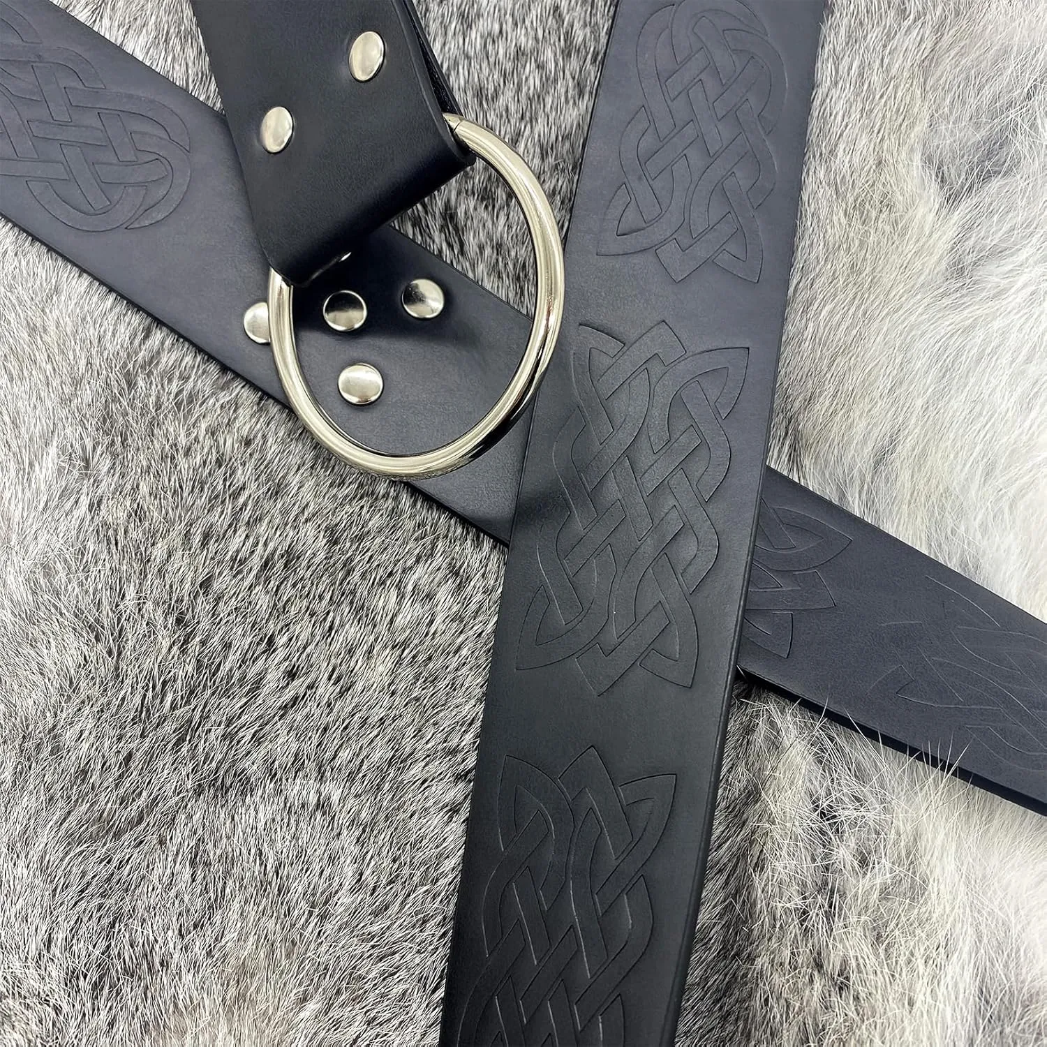 HiiFeuer Medieval Embossed O Ring Belt with Nordic Embossed Belt Bag, Vintage Faux Leather Belt and Belt Pouch Set for LARP