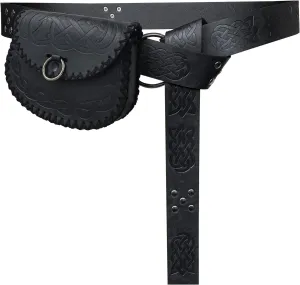 HiiFeuer Medieval Embossed O Ring Belt with Nordic Embossed Belt Bag, Vintage Faux Leather Belt and Belt Pouch Set for LARP