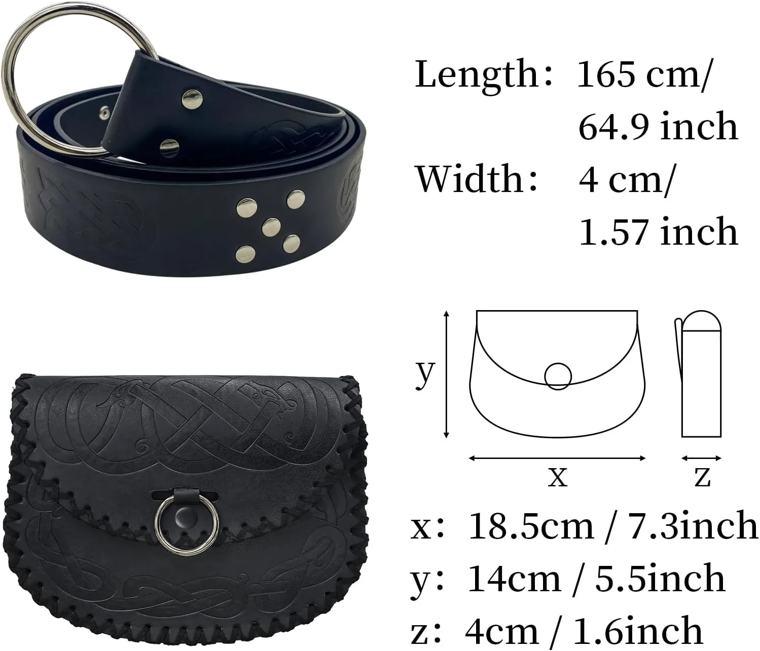HiiFeuer Medieval Embossed O Ring Belt with Nordic Embossed Belt Bag, Vintage Faux Leather Belt and Belt Pouch Set for LARP