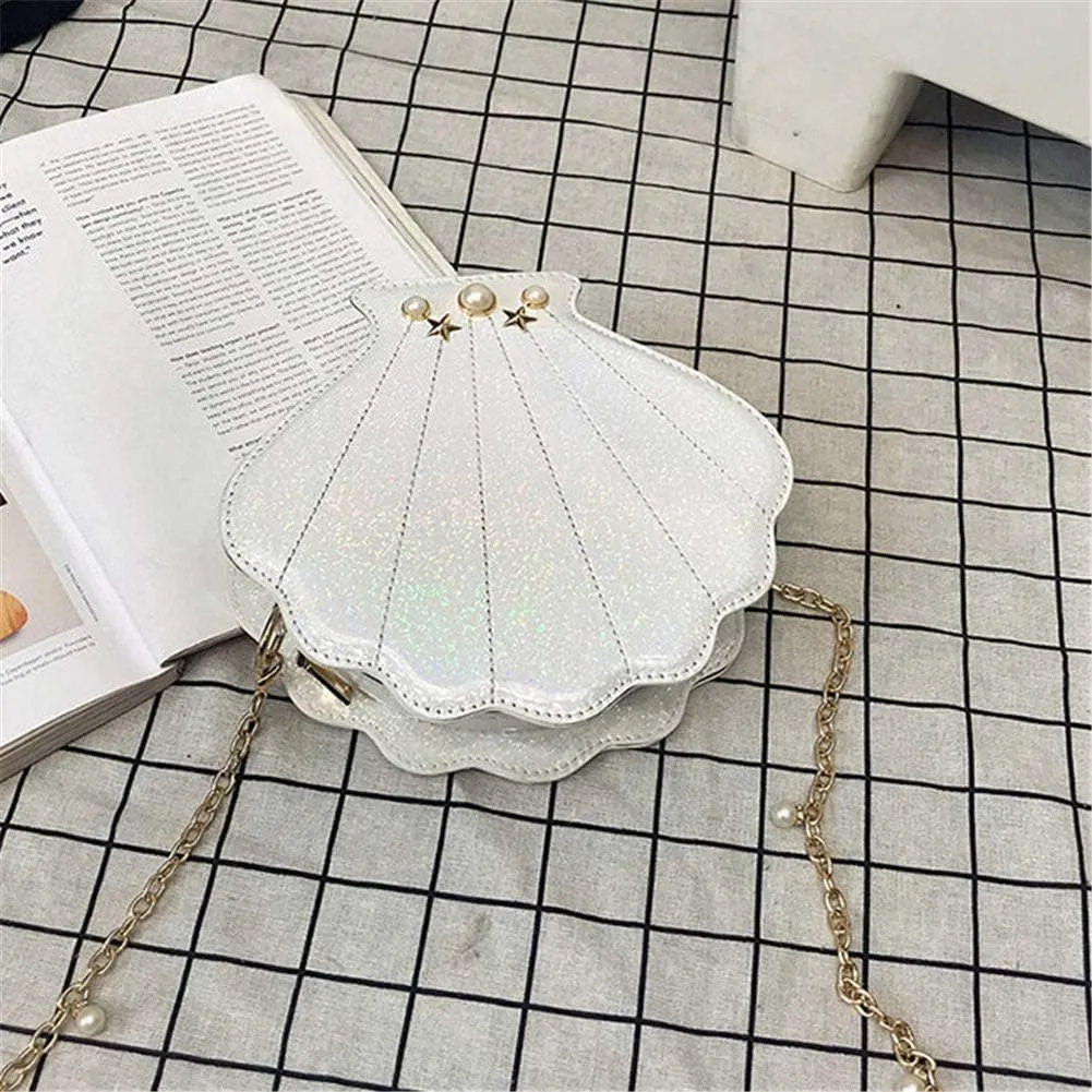 Hologram Laser Shell Shoulder Bags Pearl Cross-body Chain Purse Bags for Womens