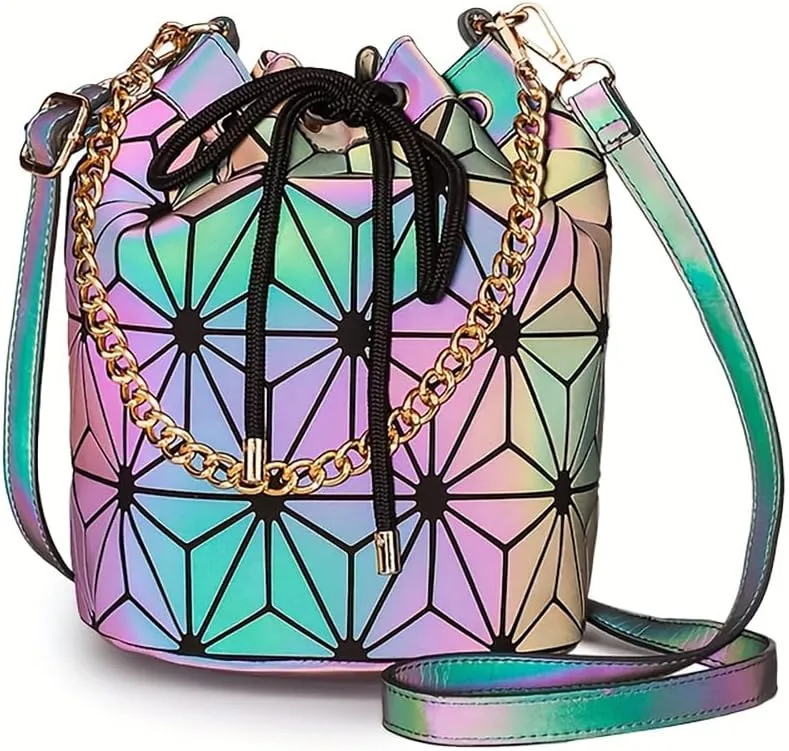 Holographic Geometric Bucket Bag, Drawstring Shoulder Purse with Chain Strap, 11.8 x 9.8 inches, Rainbow
