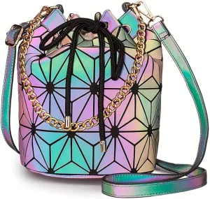 Holographic Geometric Bucket Bag, Drawstring Shoulder Purse with Chain Strap, 11.8 x 9.8 inches, Rainbow
