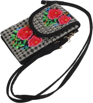 Homoyoyo Embroidered Crossbody Bag for Women Vintage Canvas Mobile Phone Pouch with Tassel Lightweight Shoulder Bag with Zipper Unique Rose Flower Design for Everyday Use