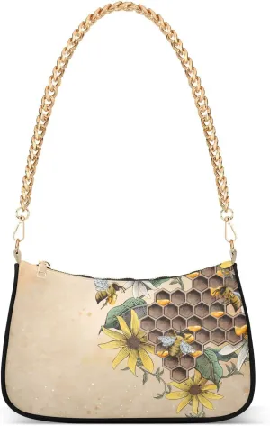 Honey Bee Honeycomb Shoulder Handbags for Women Travel Hobo Tote Handbag Women Gold Chain Shoulder Bags Purse with Zipper Closure