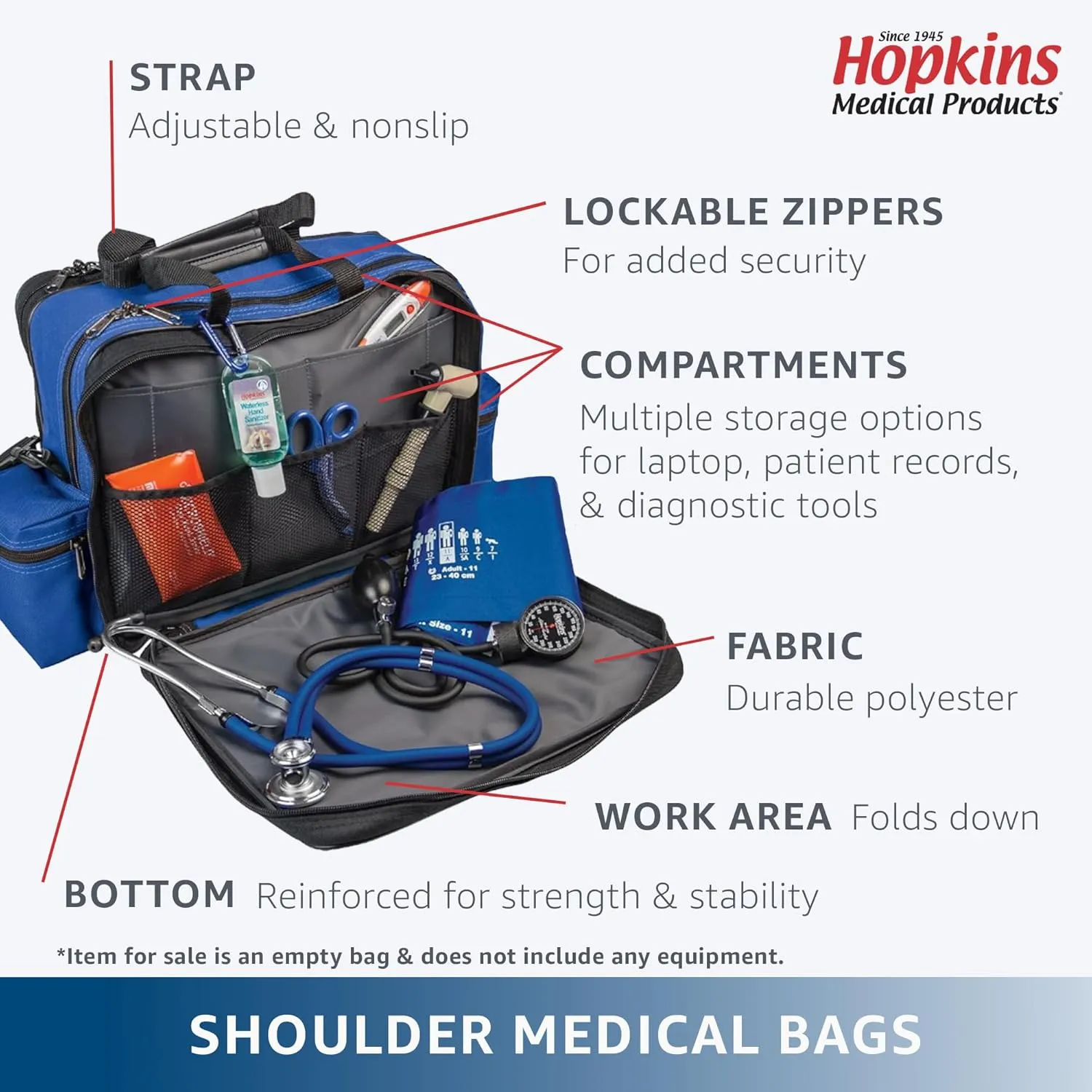 Hopkins Medical Products Home Health Shoulder Bag, 600D Waterproof Exterior, Large Storage Compartments, Removable Adjustable Shoulder Strap, 14x11.5x8