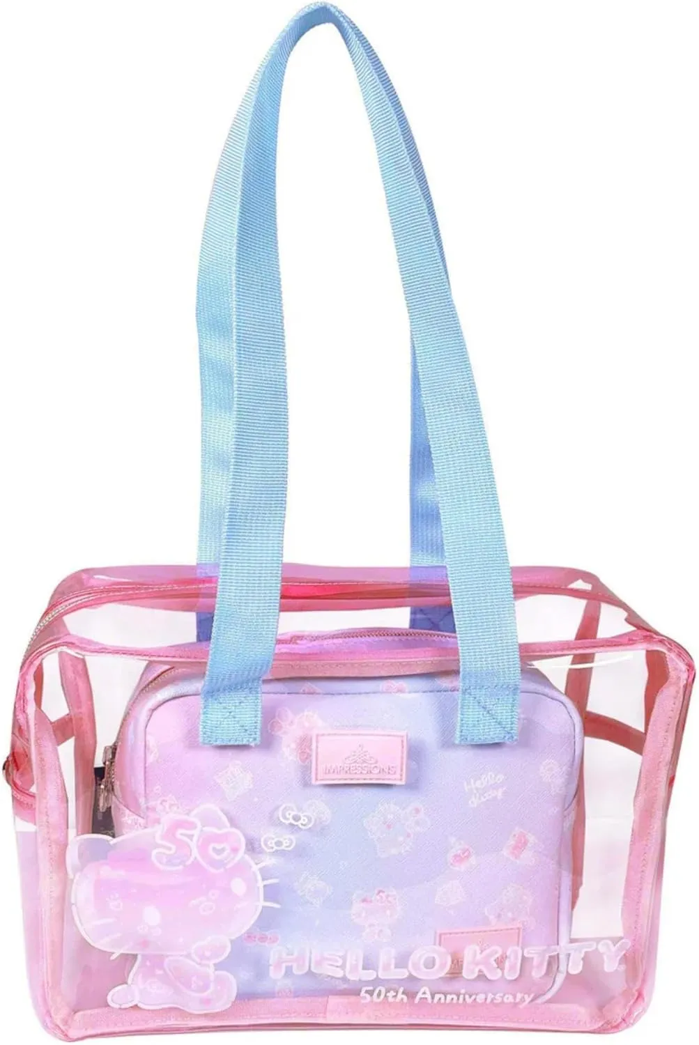 Impressions Vanity Hello Kitty Clutch Set for Women, Water Resistant Zippered Travel Cosmetic Bag Organizer for Makeup Accessories, 2 PC Bags with Clear Silhouette Design and Pastel Gradient Artwork