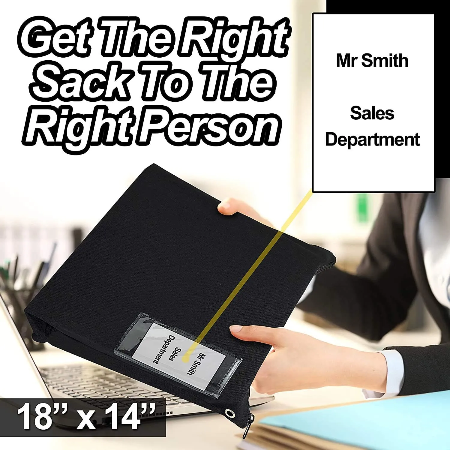 Interoffice Mailer Transit Sack – Extra Large & Durable – Black Canvas Zipper Bank Bag with ID Window (18" x 14", 50 Bags)