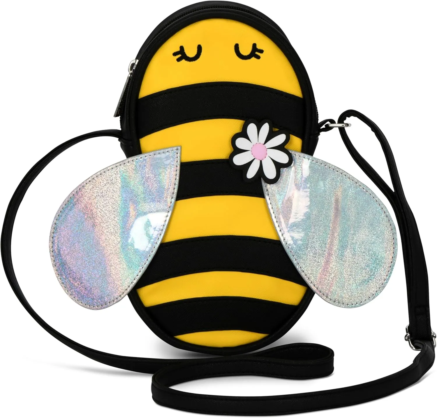 iscream Girls' Sweet Bumble Bee Crossbody Purse in Faux Patent Leather with Holographic Wings and Zipper Closure