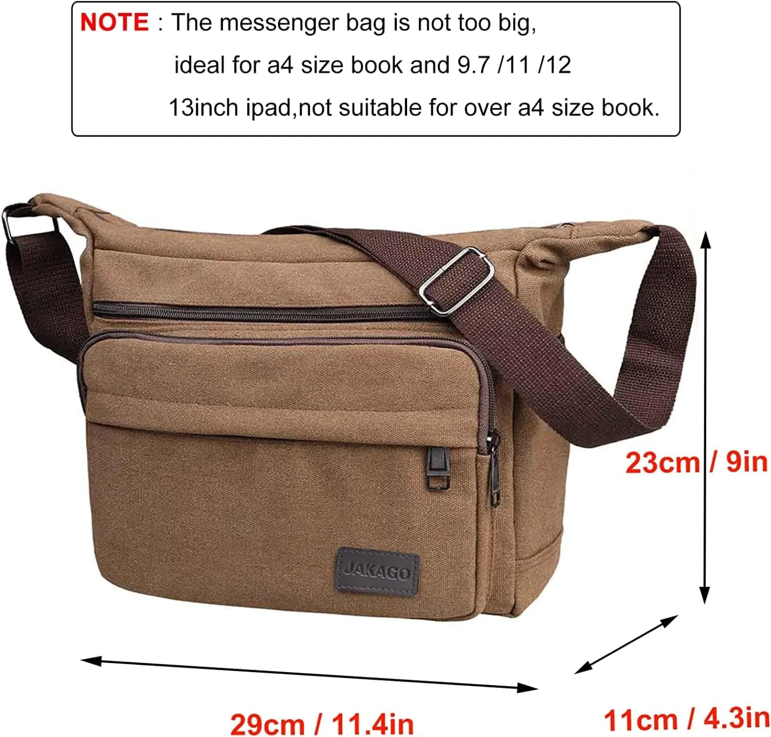 JAKAGO 13" Canvas Messenger Bag Multi Pockets Cross body Bag for Daily Use Satchel Bag for Business Travel