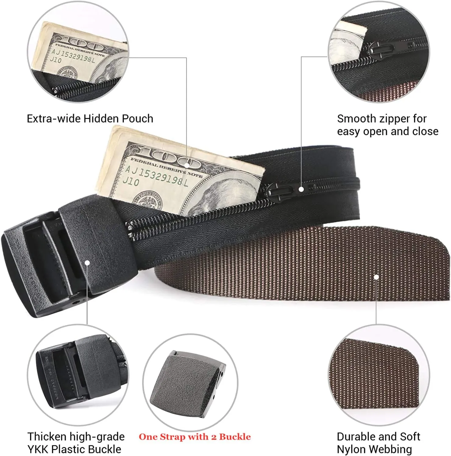 JASGOOD Travel Security Money Belt with Hidden Money Pocket - Cashsafe Anti-Theft Wallet Unisex Nickel free Nylon Belt