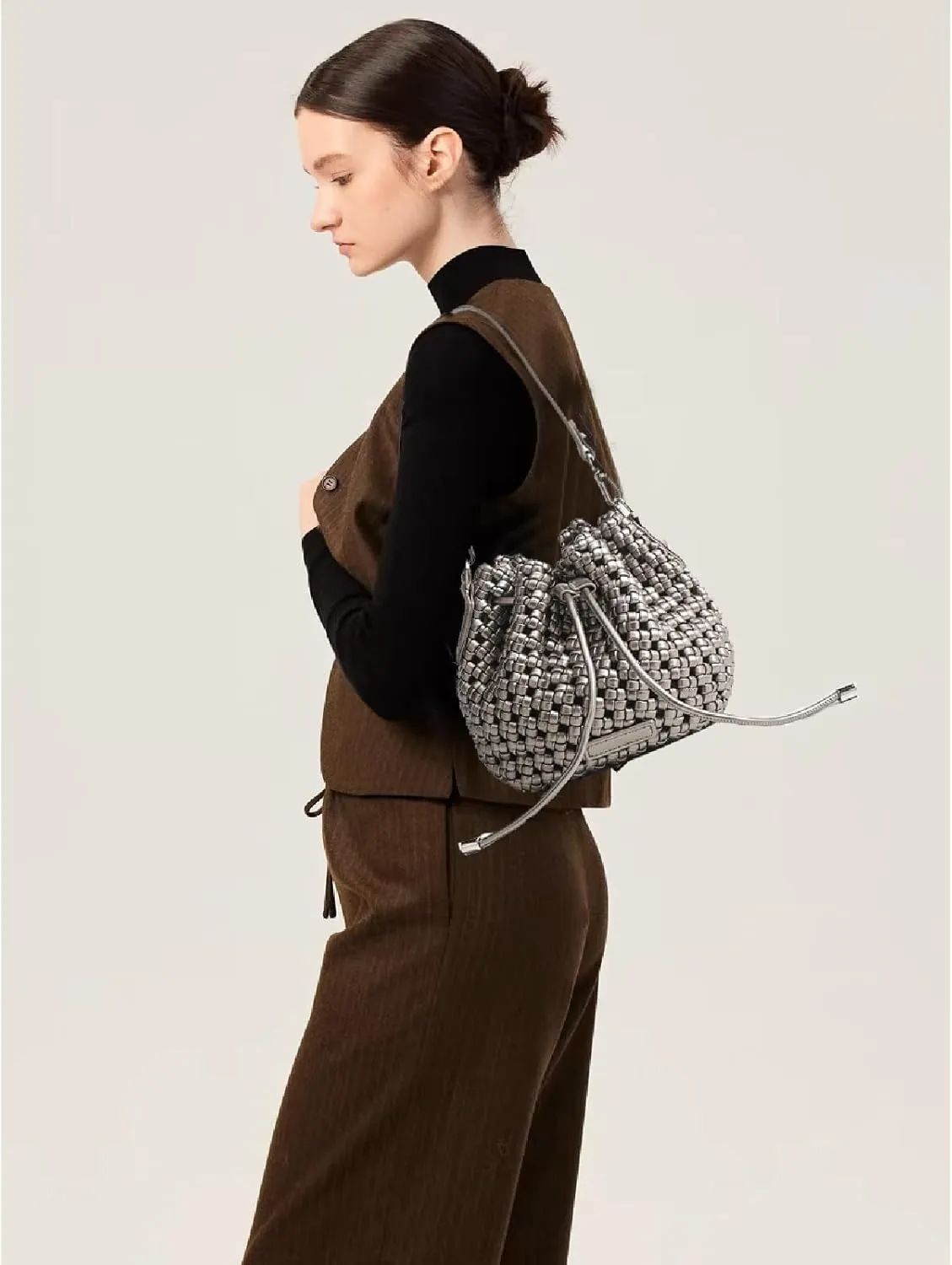 JINMANXUE Fashion Hollow Bucket Tote Bag For Women, Crossbody Female Handbag Woven Silk bag Leisure Leather Shoulder Bag
