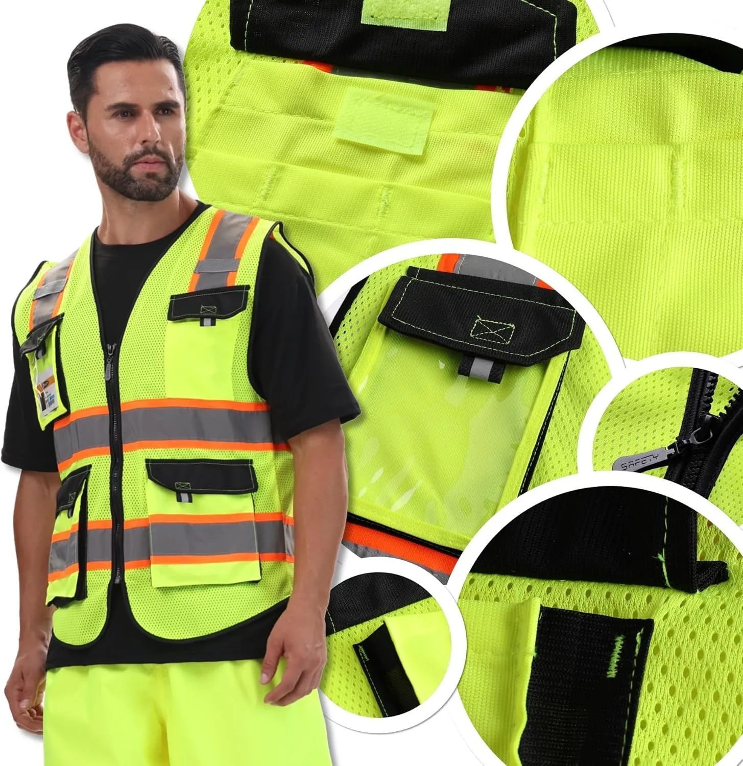 JKSafety Hi Vis Reflective Safety Vests for Men Women High Visibility Vest with Pockets Mesh Fabric Construction Safety Apparel Neon Vest for Work (220-Yellow S)