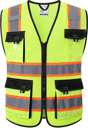 JKSafety Hi Vis Reflective Safety Vests for Men Women High Visibility Vest with Pockets Mesh Fabric Construction Safety Apparel Neon Vest for Work (220-Yellow S)