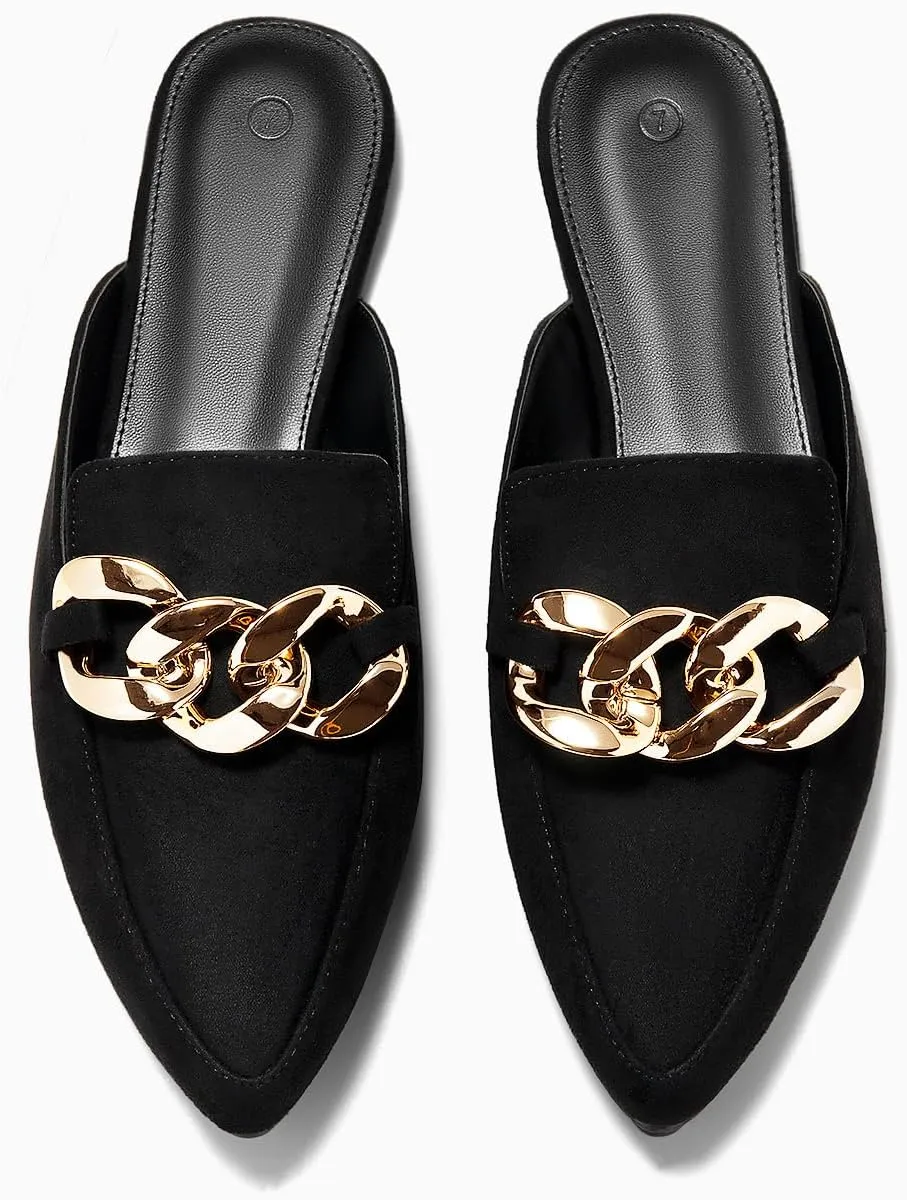 Juliet Holy Womens Mules Flats Pointed Toe Backless Loafers Slip on Metal Chain Slides