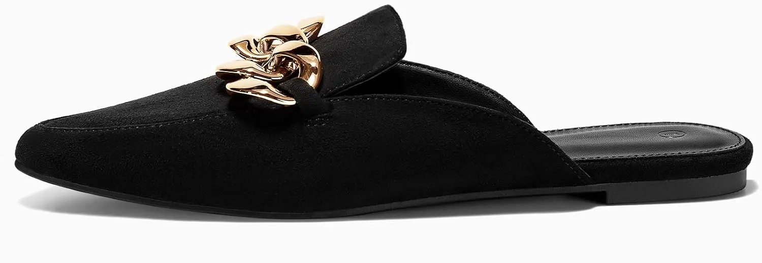 Juliet Holy Womens Mules Flats Pointed Toe Backless Loafers Slip on Metal Chain Slides