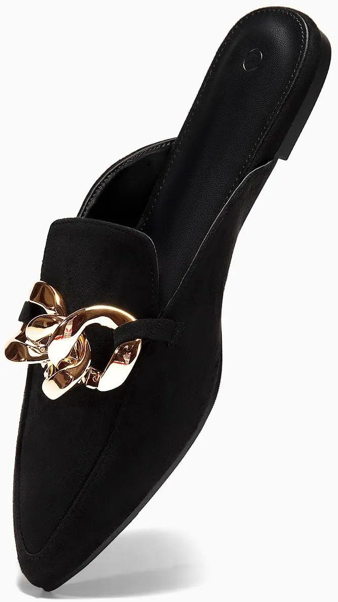 Juliet Holy Womens Mules Flats Pointed Toe Backless Loafers Slip on Metal Chain Slides