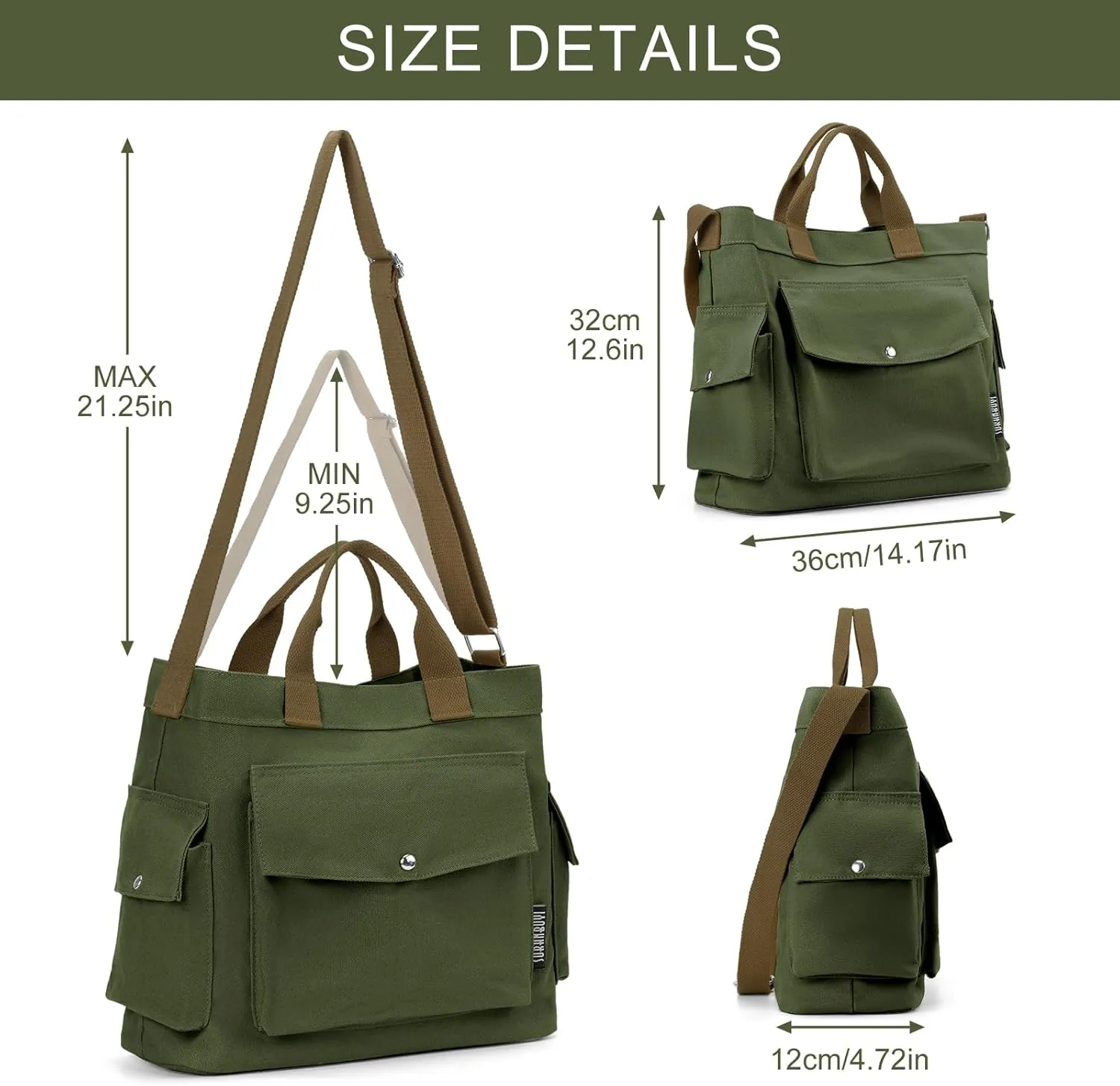 Juoxeepy Canvas Tote Bag with Pockets for Women Crossbody Bag Canvas Shoulder Bag Work Tote Bag Hobo Handbag for Men