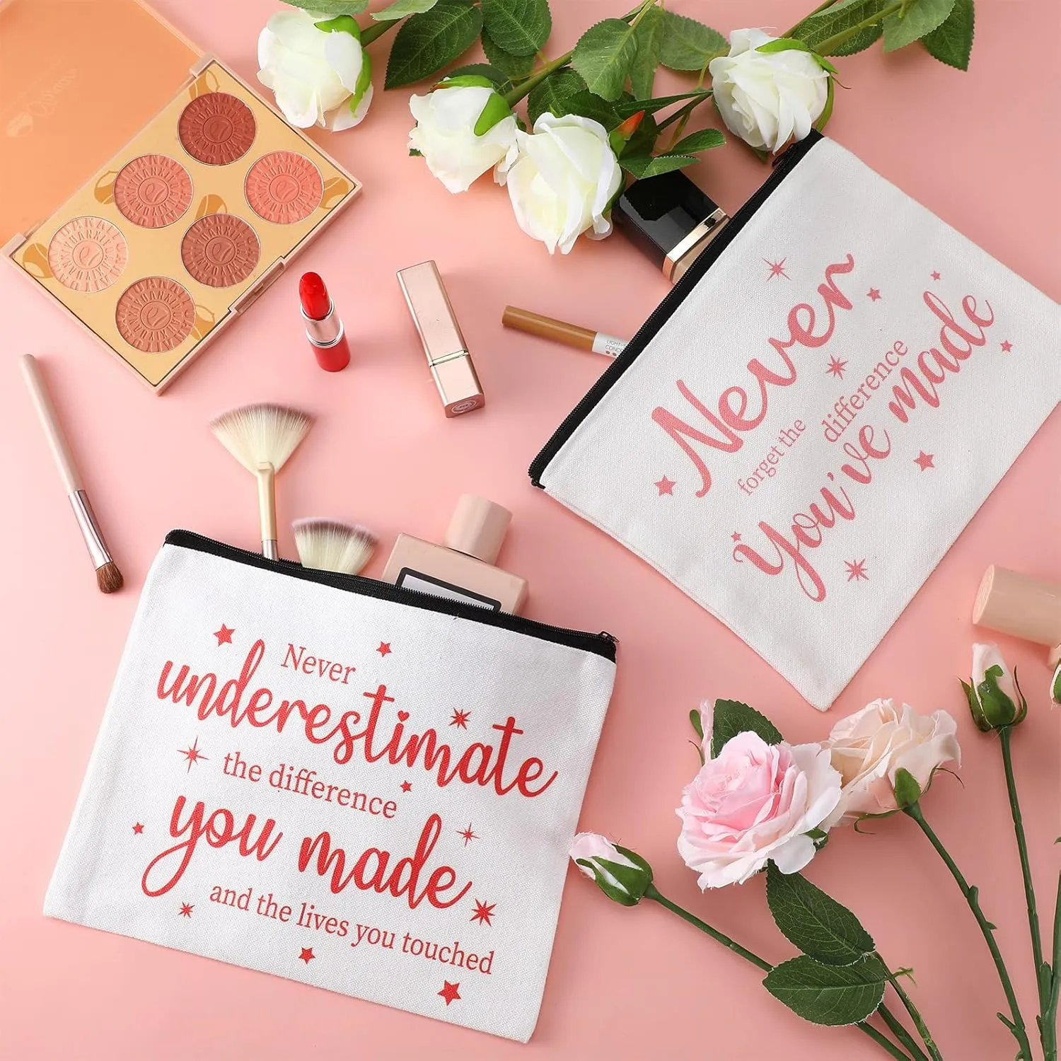 Kajaia 24 Pieces Inspirational Canvas Cosmetic Bags Makeup Bags with Zippers Appreciation Motivational Toiletry Purse Pouches Positive Travel Makeup Pouches for Girl Women Friends, 8 Designs (Bright)