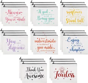 Kajaia 24 Pieces Inspirational Canvas Cosmetic Bags Makeup Bags with Zippers Appreciation Motivational Toiletry Purse Pouches Positive Travel Makeup Pouches for Girl Women Friends, 8 Designs (Bright)