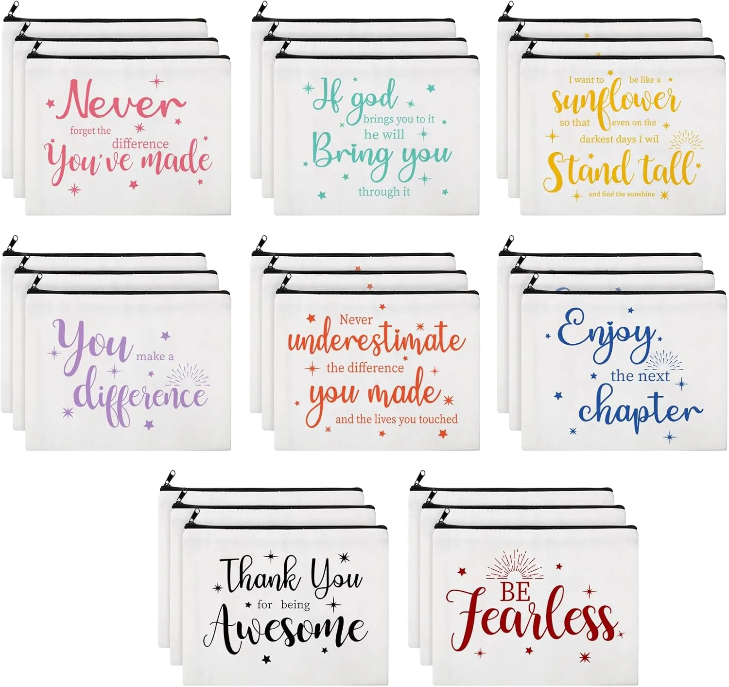 Kajaia 24 Pieces Inspirational Canvas Cosmetic Bags Makeup Bags with Zippers Appreciation Motivational Toiletry Purse Pouches Positive Travel Makeup Pouches for Girl Women Friends, 8 Designs (Bright)
