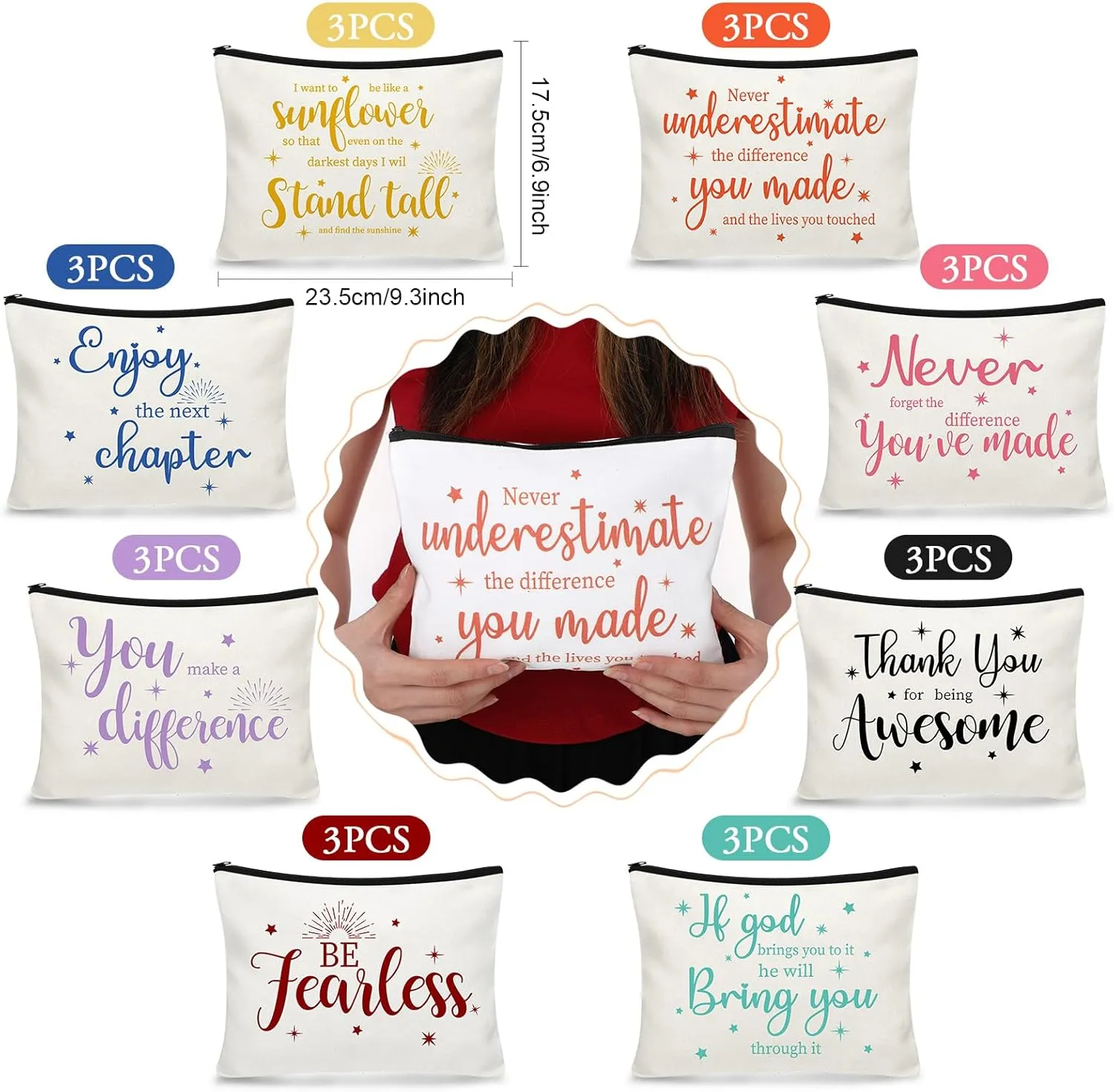 Kajaia 24 Pieces Inspirational Canvas Cosmetic Bags Makeup Bags with Zippers Appreciation Motivational Toiletry Purse Pouches Positive Travel Makeup Pouches for Girl Women Friends, 8 Designs (Bright)