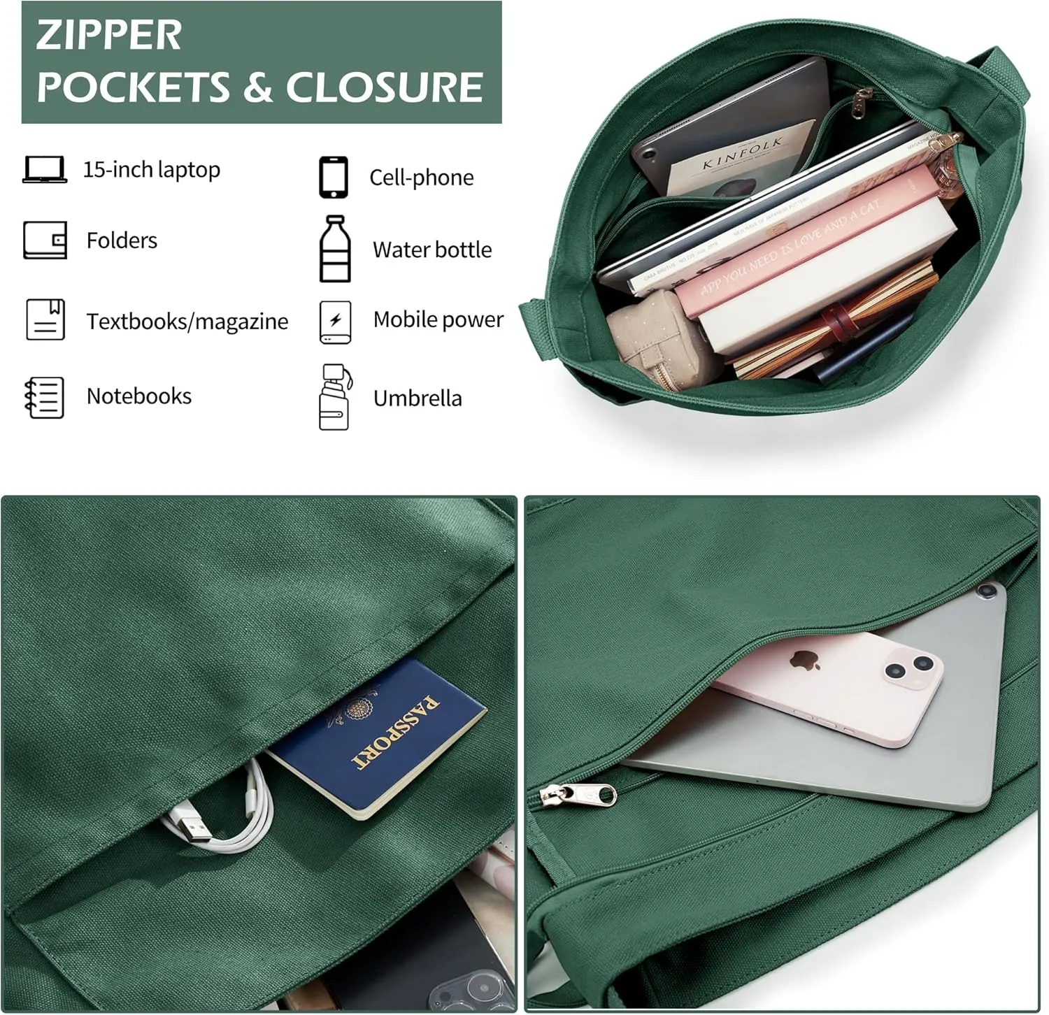 KALIDI Canvas Tote Bag Large Hobo Crossbody Shoulder Handbag Zipper Messenger Bag for Women or Men Casual College Work