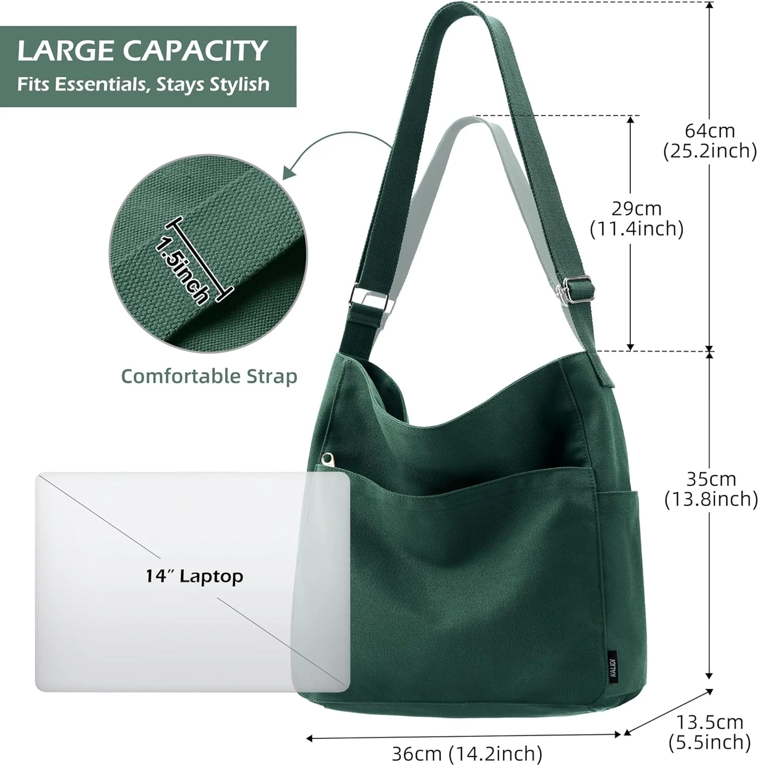 KALIDI Canvas Tote Bag Large Hobo Crossbody Shoulder Handbag Zipper Messenger Bag for Women or Men Casual College Work
