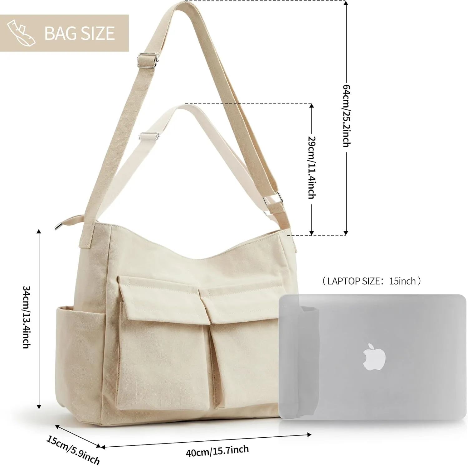 KALIDI Canvas Tote Bag Messenger Bag, Large Crossbody Bag for Women or Men, Casual Canvas Shoulder Bag for College Work Daily