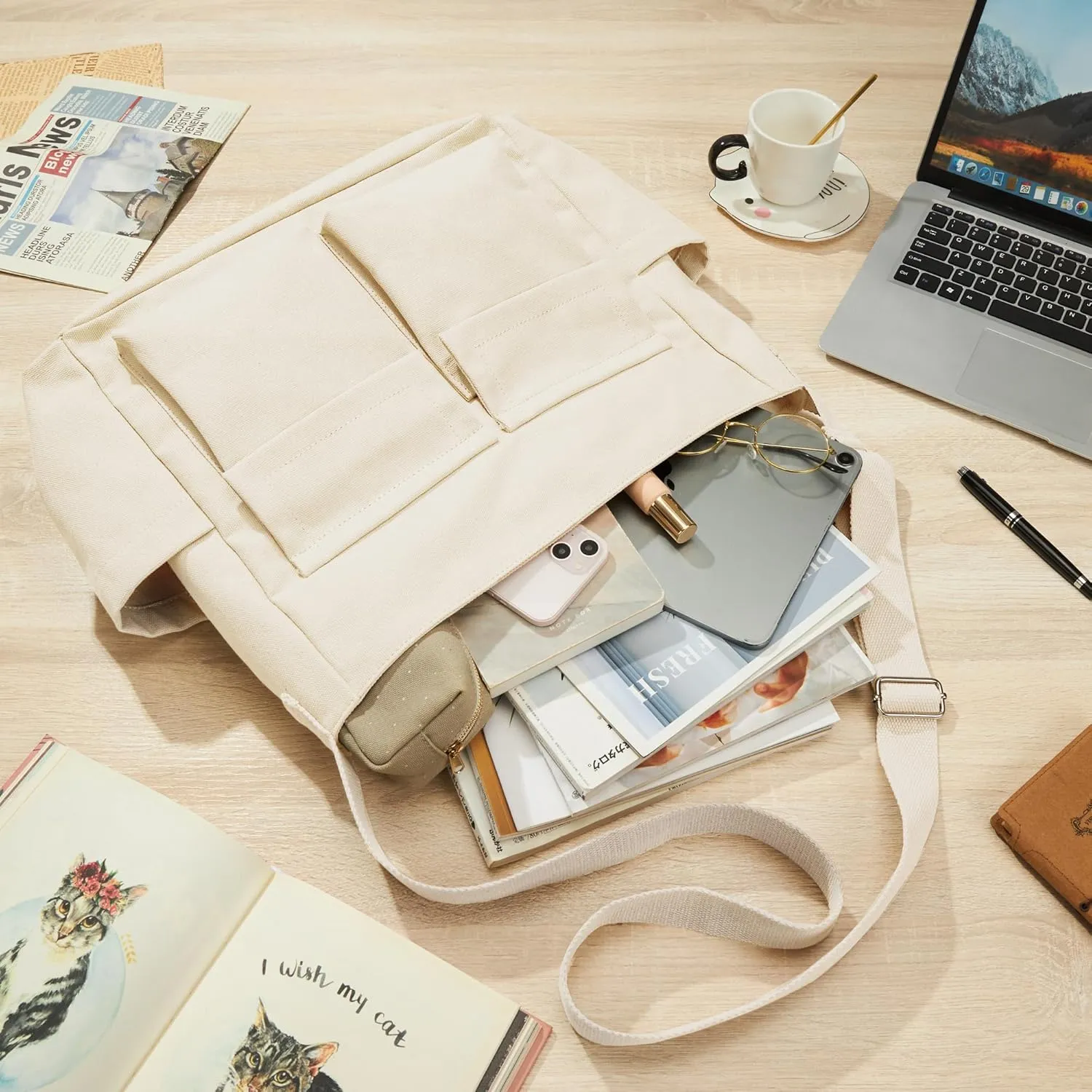 KALIDI Canvas Tote Bag Messenger Bag, Large Crossbody Bag for Women or Men, Casual Canvas Shoulder Bag for College Work Daily