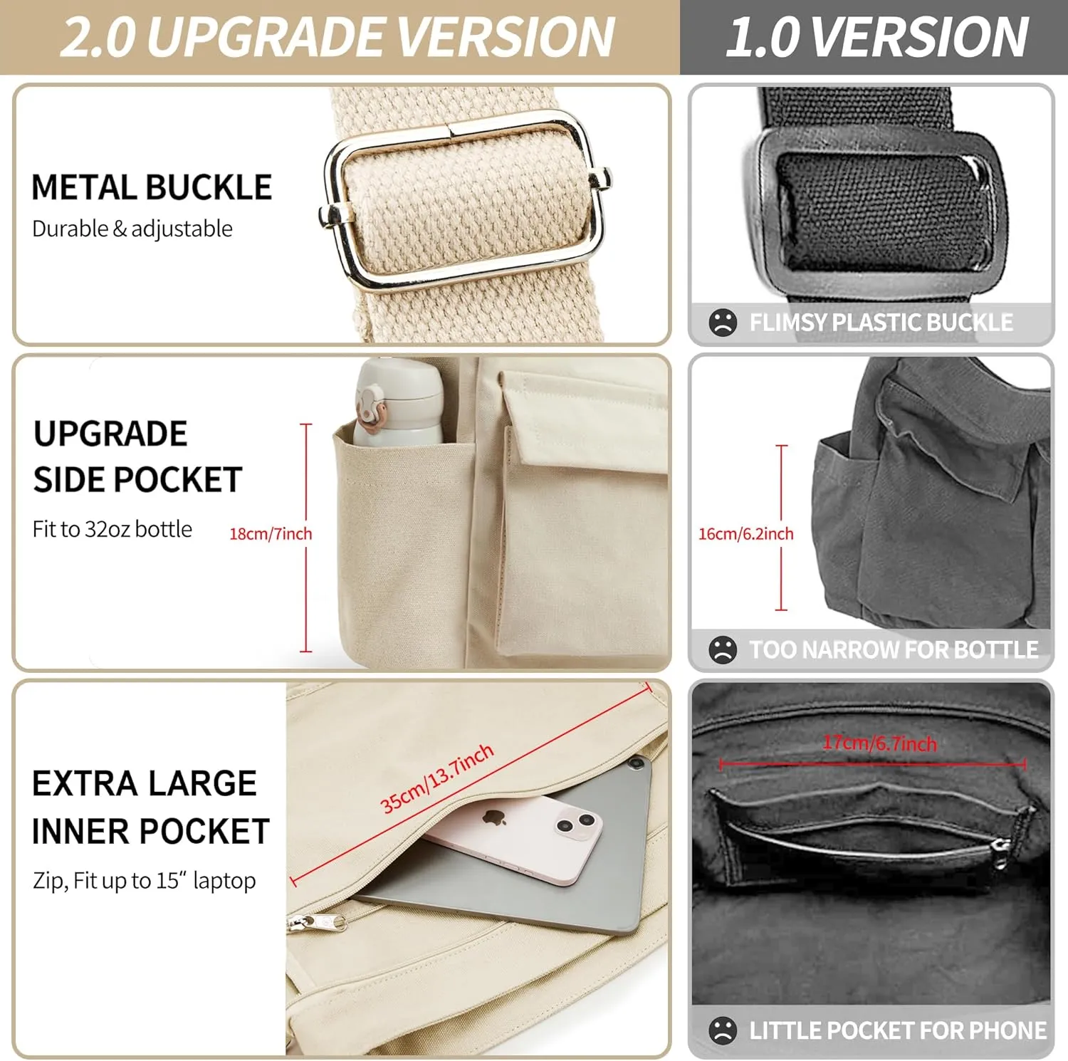KALIDI Canvas Tote Bag Messenger Bag, Large Crossbody Bag for Women or Men, Casual Canvas Shoulder Bag for College Work Daily