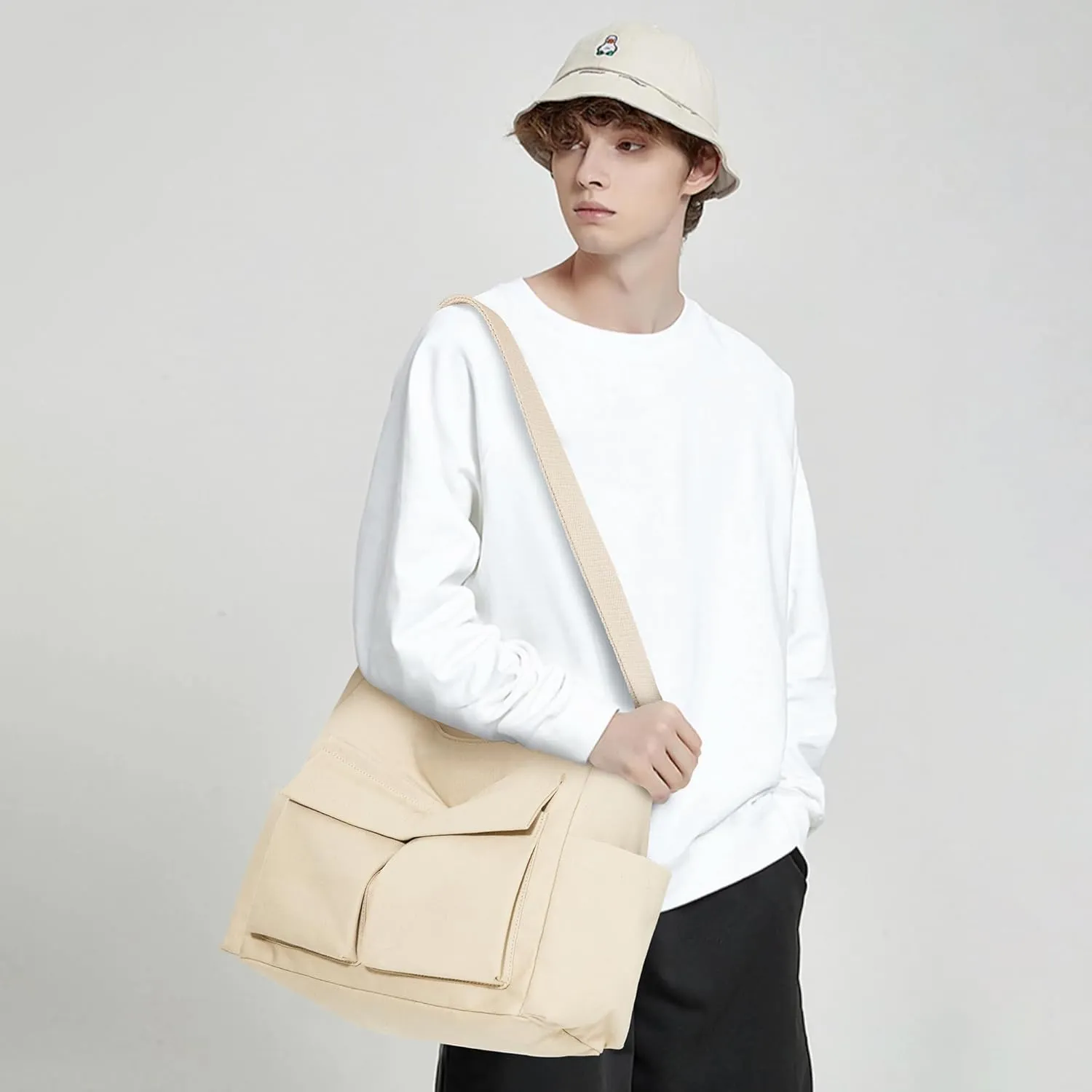 KALIDI Canvas Tote Bag Messenger Bag, Large Crossbody Bag for Women or Men, Casual Canvas Shoulder Bag for College Work Daily